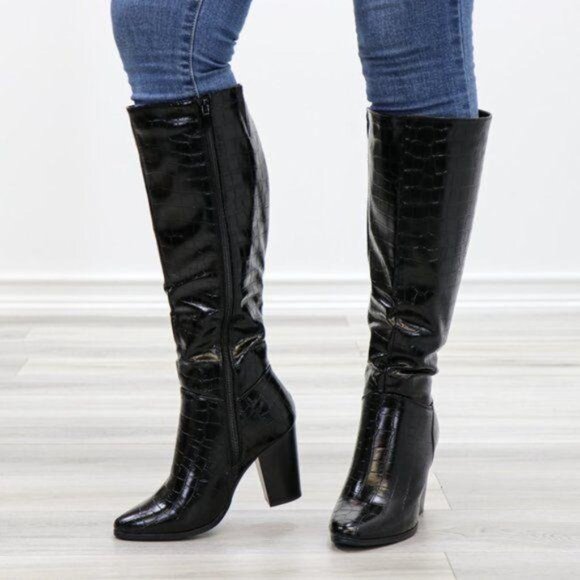 Black Pointy Croc Texture Boot Faux Shiny Leather - Picture 9 of 15